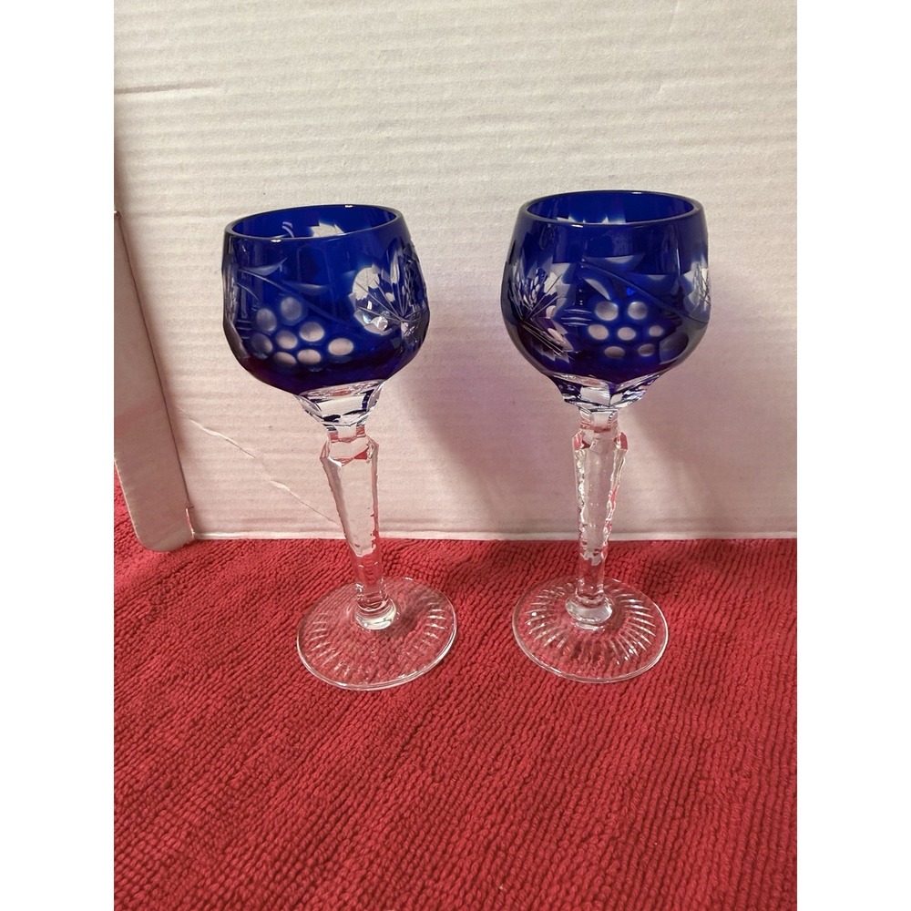 Pair COBALT BLUE  Cut to clear Crystal Hock Wine Goblets 5.25" Tall